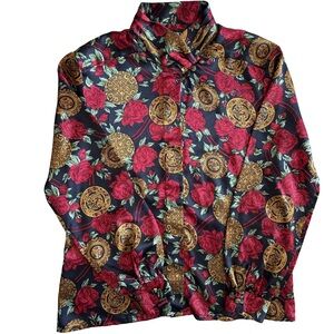 Notations Satin Floral Medallion Blouse Sz 10 Vintage Baroque Rose Print Buttons